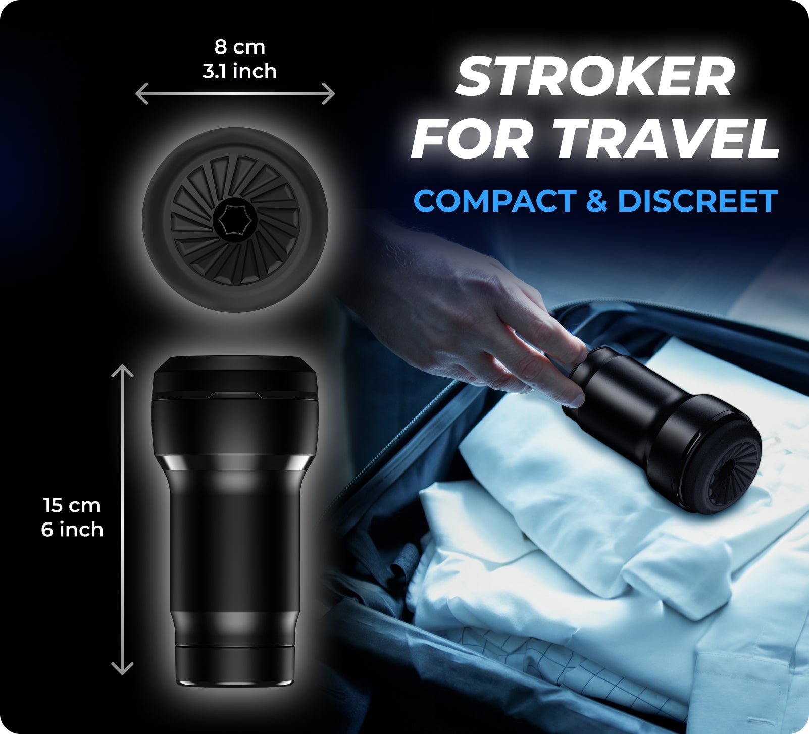 A black stroker and suction device for travel, measuring 15 cm in length and 8 cm in width.