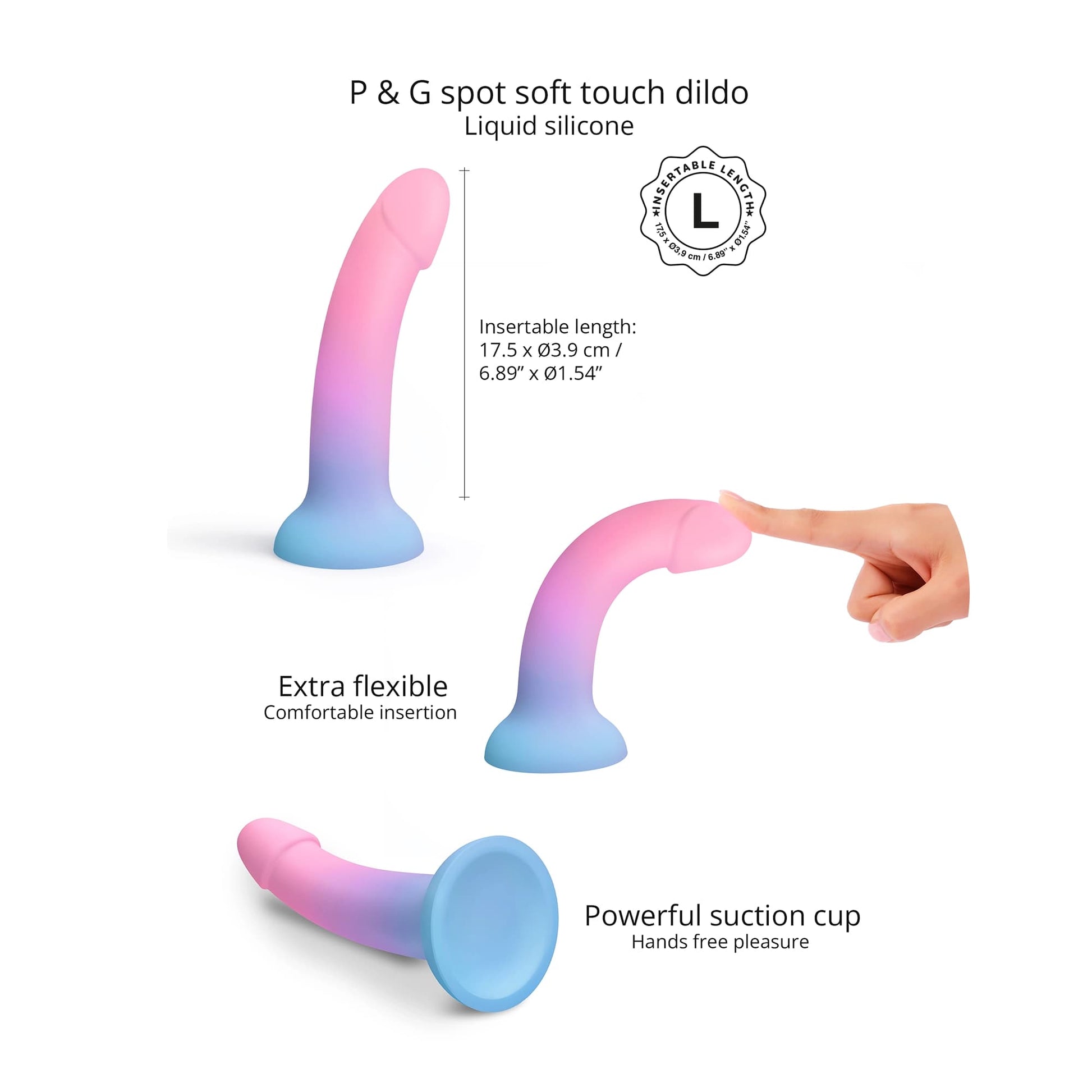 Curved liquid silicone dildo in gradient pink-blue with suction base, size L.