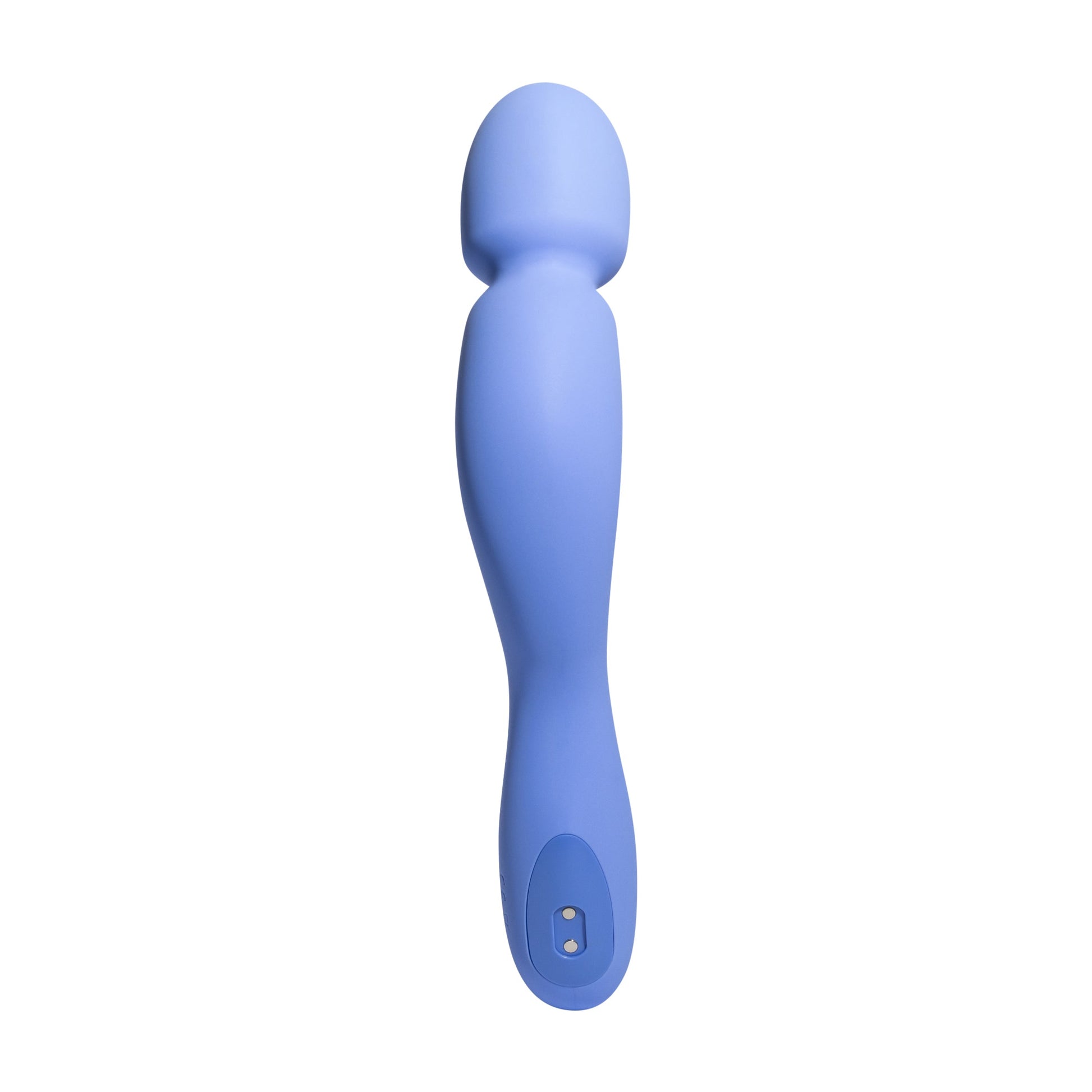 Periwinkle silicone rechargeable wand vibrator with charging contacts at the base.