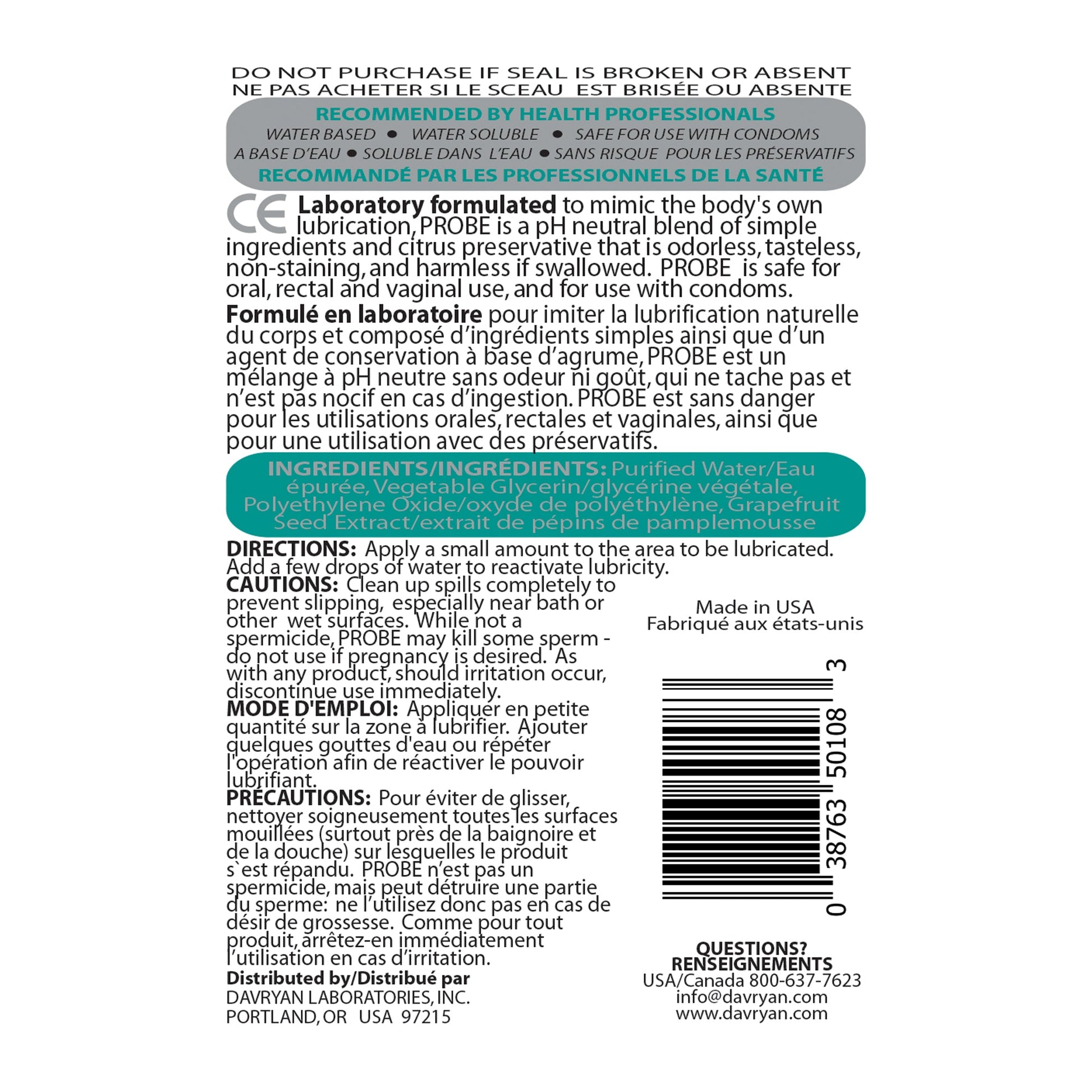 Probe water-based personal lubricant with ingredients and directions.