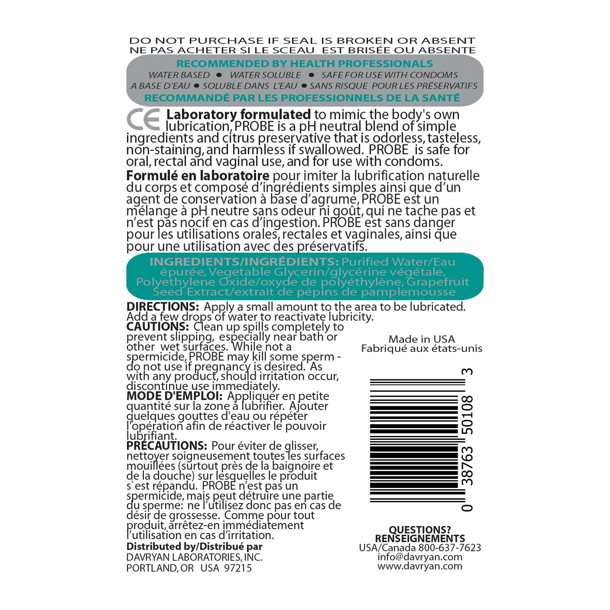 Probe water-based personal lubricant with ingredients and directions.