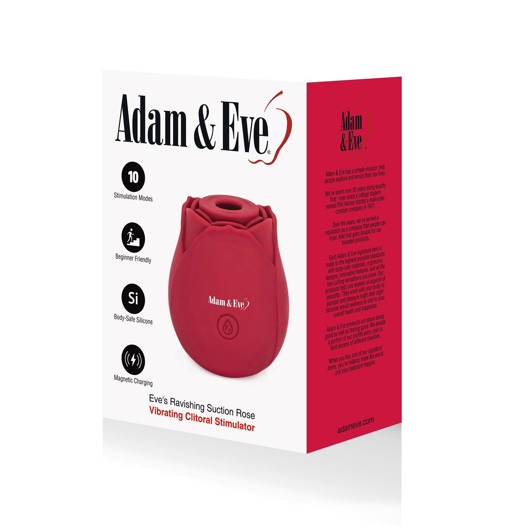 A red rose-shaped clitoral stimulator with "Adam & Eve" branding.
