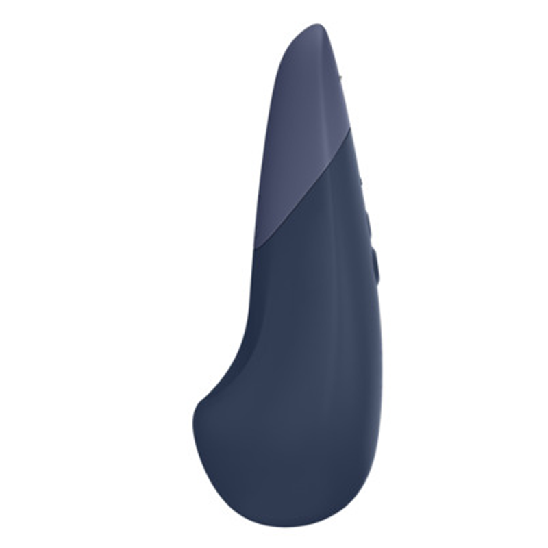 Dark blue clitoral vibrator with a curved ergonomic shape.