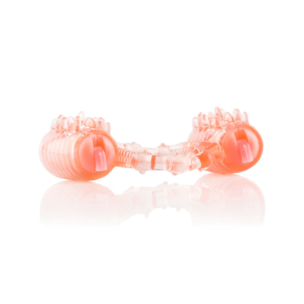 A clear vibrating pleasure ring with two motors and textured ticklers.
