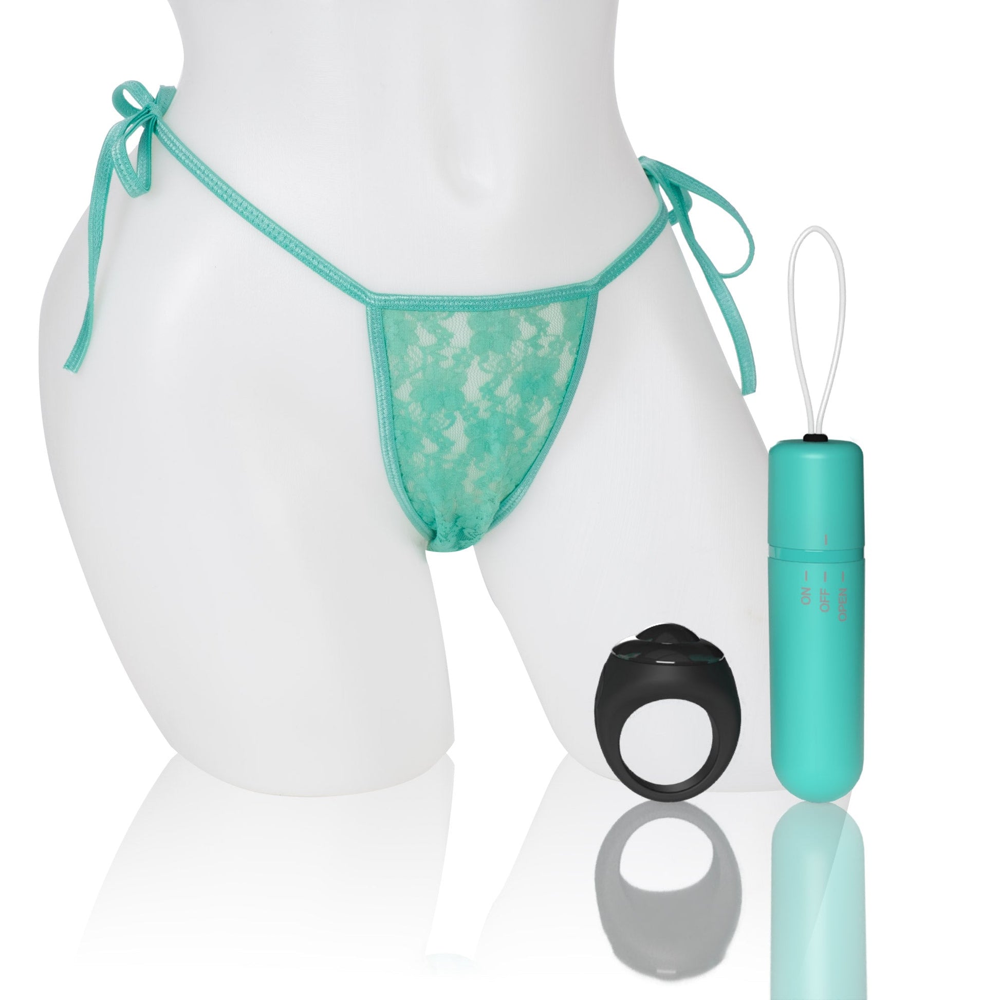 Turquoise lace panty with side ties and a remote-controlled bullet vibrator.