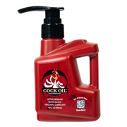 Red bottle of Cock Oil water-based personal lubricant with a black pump top.