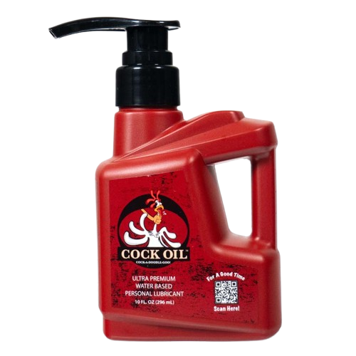 Red bottle of Cock Oil water-based personal lubricant with a black pump top.