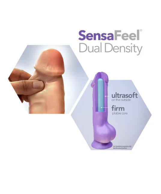 Purple dual density suction cup dildo with flexible spine, showing realistic texture and firm core.
