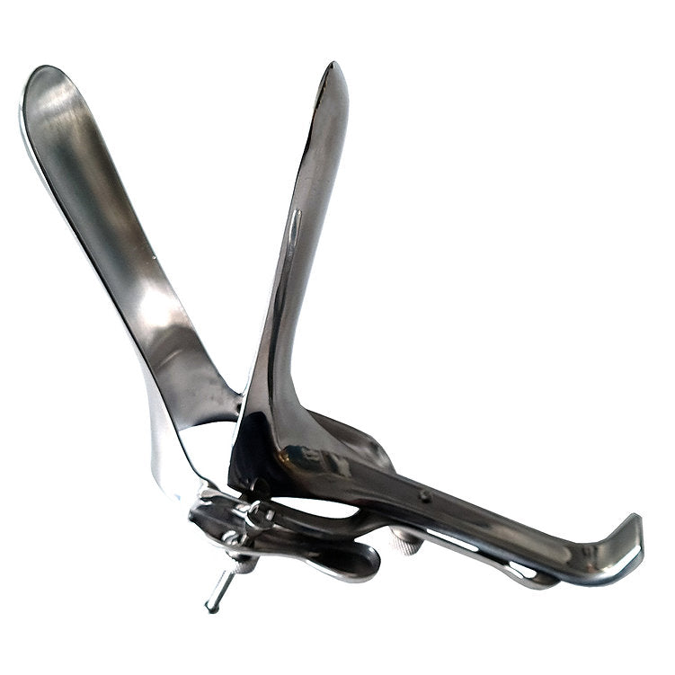 Stainless steel vaginal speculum with a locking screw.