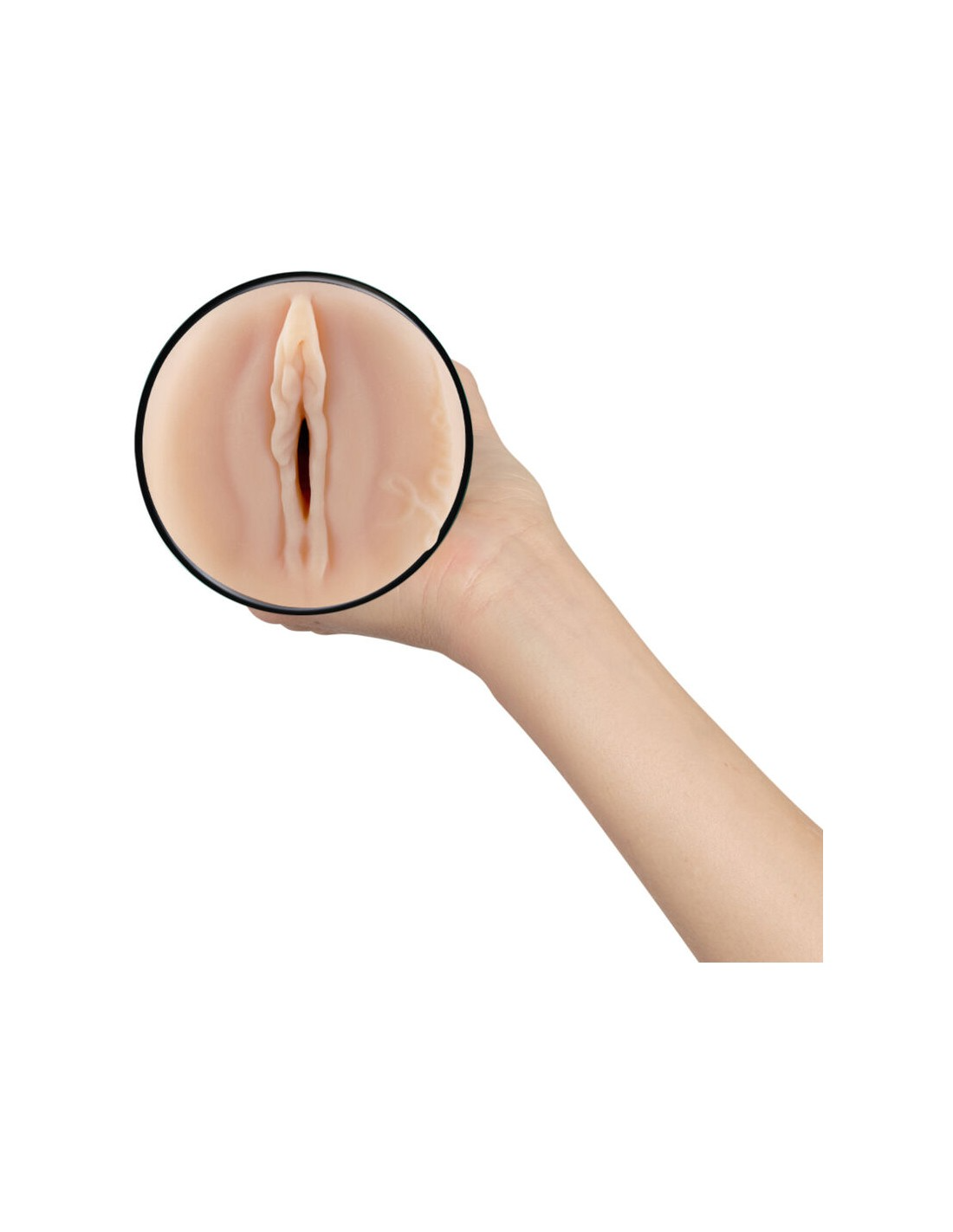 Lauren Phillips TPE masturbator sleeve held in a hand.