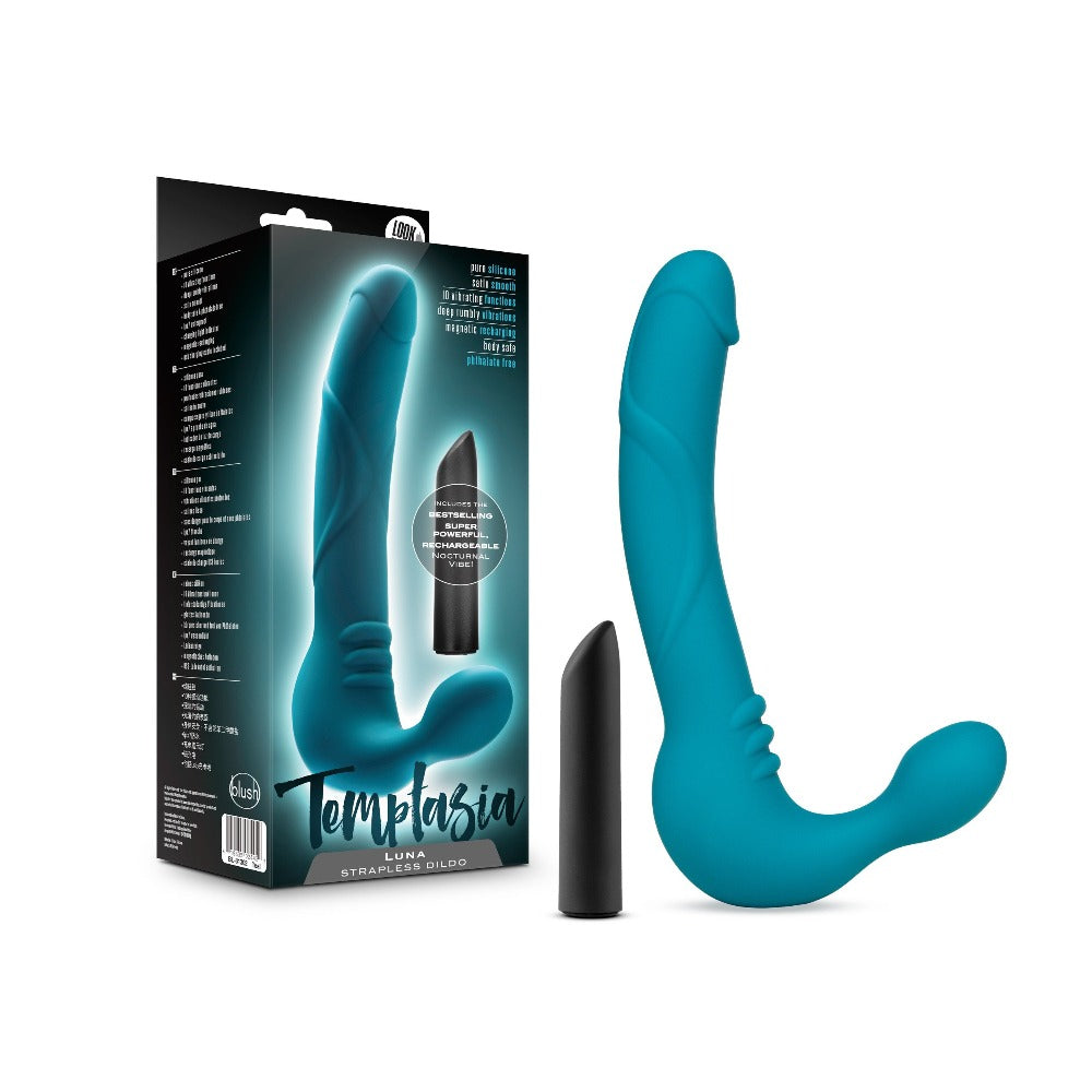 A teal strapless dildo with a black rechargeable vibe.