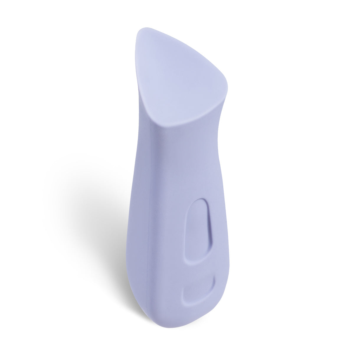 A lavender ergonomic clitoral vibrator with a curved top and indented grip.