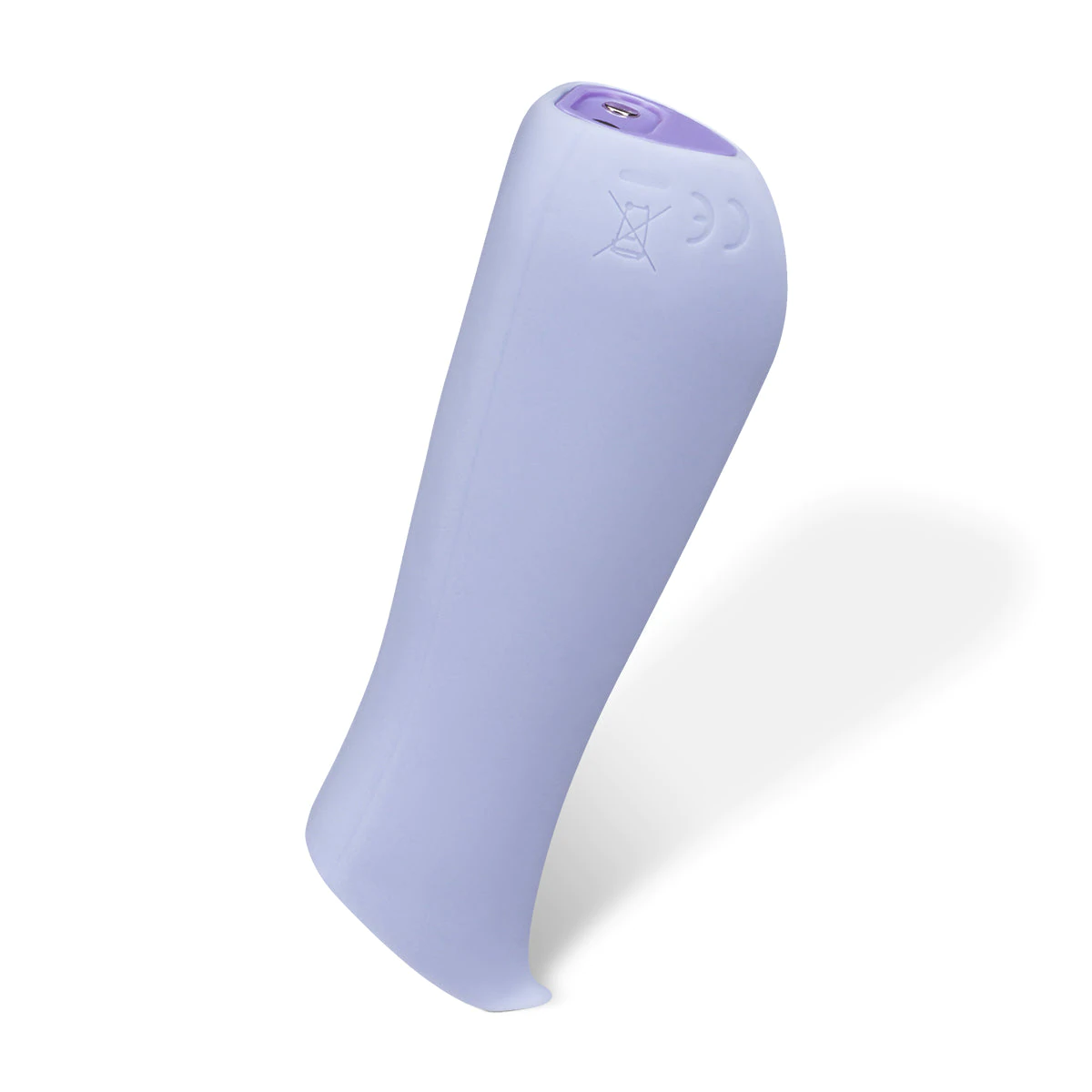 A lavender ergonomic clitoral vibrator with CE and crossed-out wheelie bin symbols.
