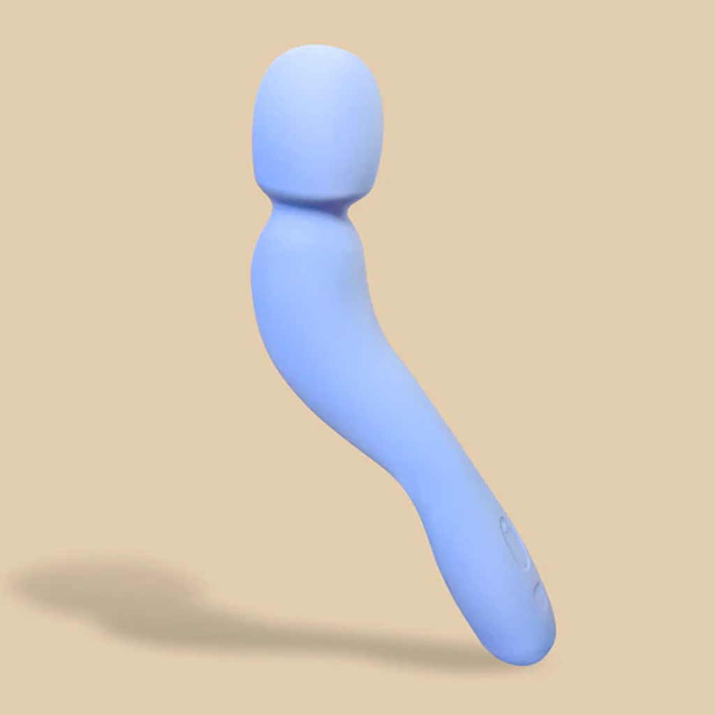 Periwinkle silicone rechargeable wand vibrator with a curved handle.