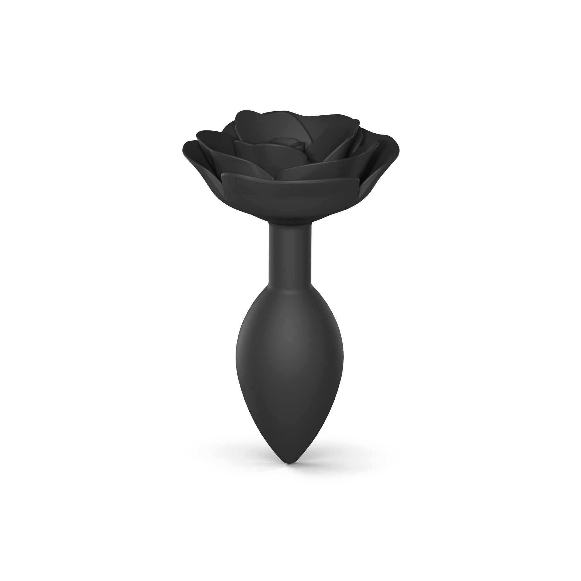 Black silicone anal plug shaped like an open rose with a tapered base.
