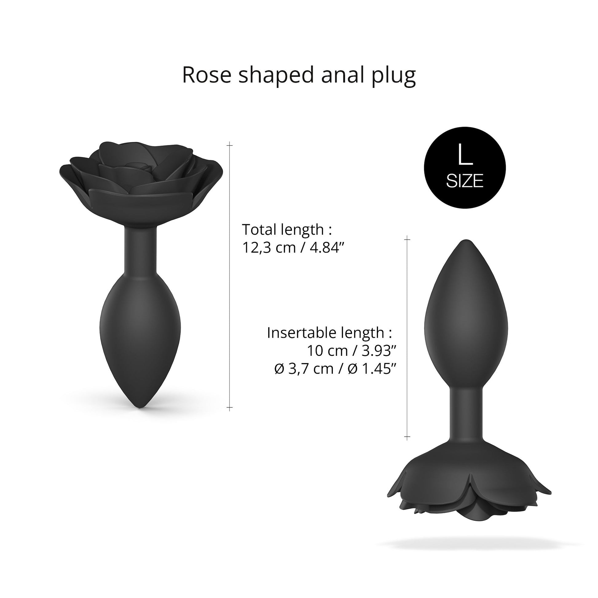 Black silicone anal plug shaped like an open rose with size L indicated.
