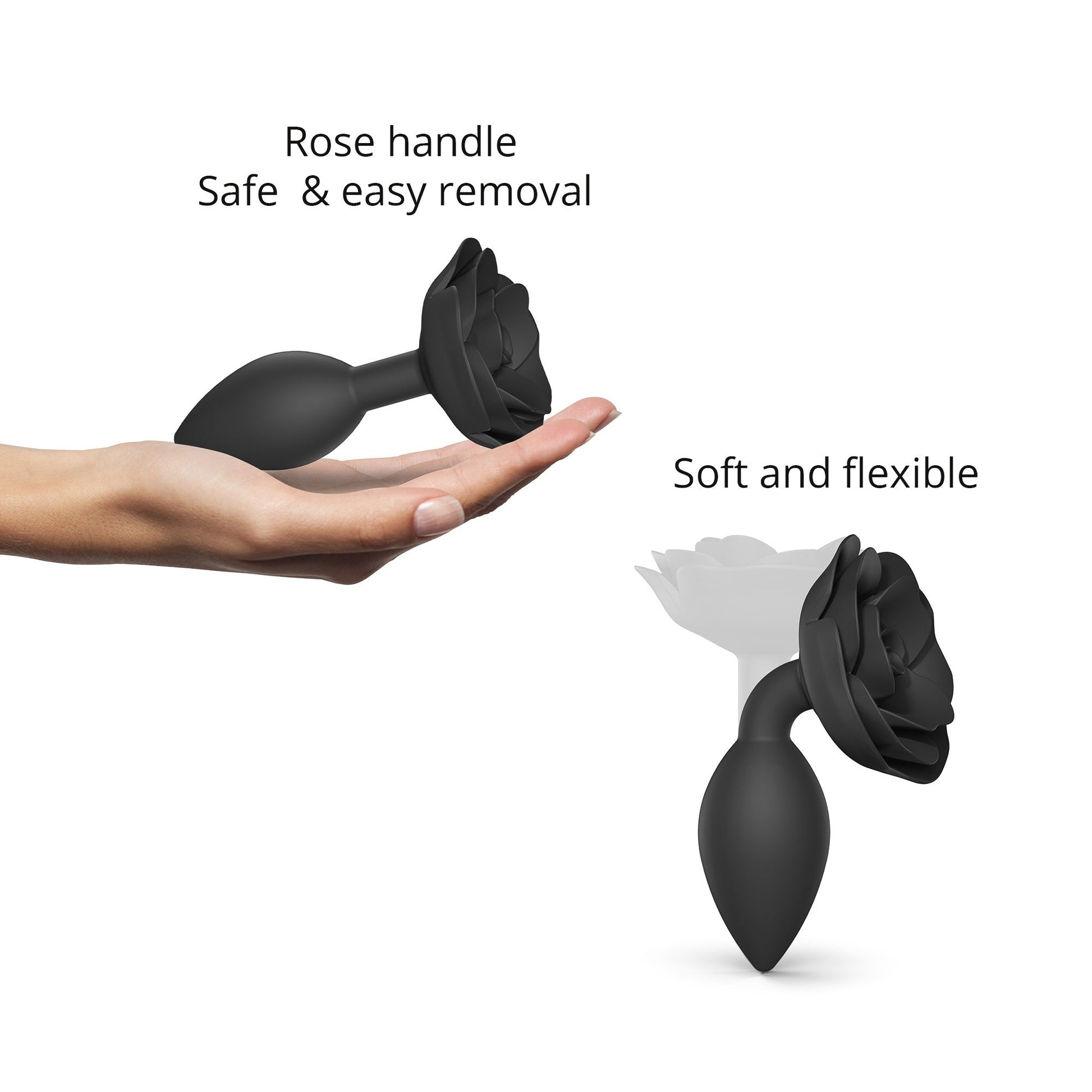 Black silicone anal plug with a rose-shaped handle.