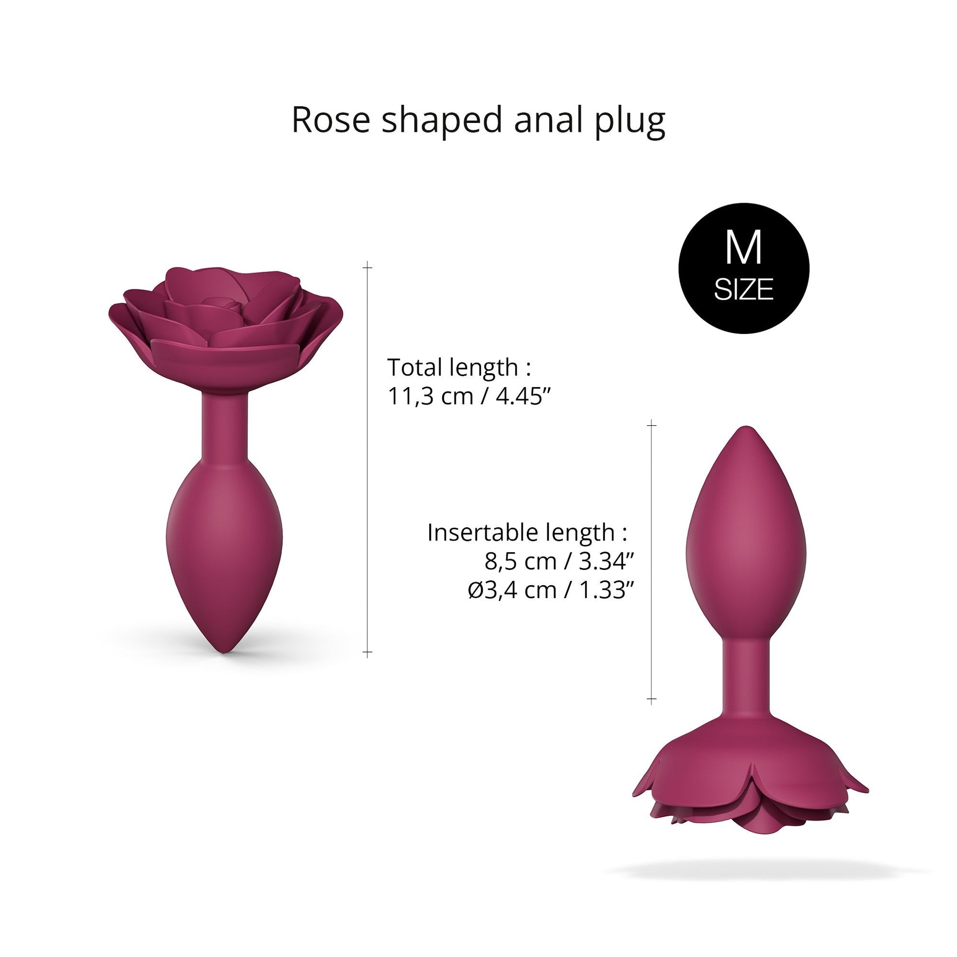 Rose shaped anal plug in plum color with size M.