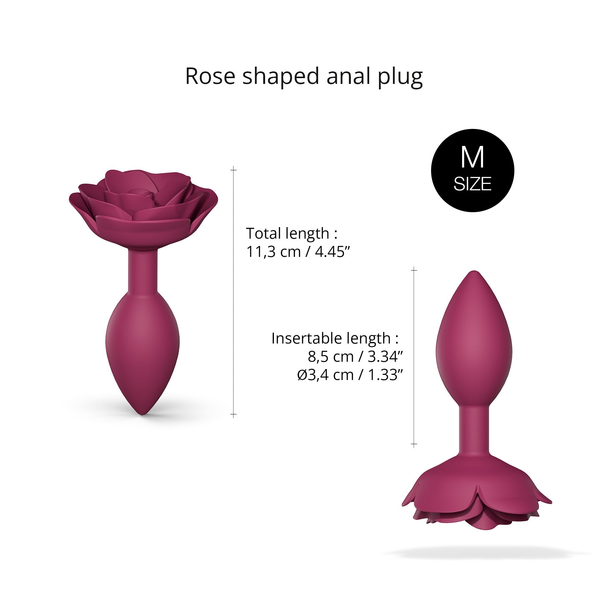 Rose shaped anal plug in plum color with size M.