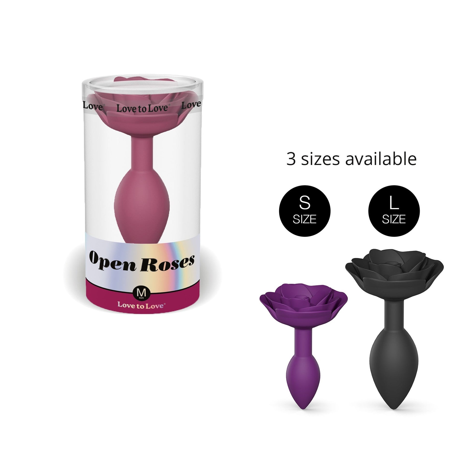 Plum Open Roses silicone anal plug, medium size, with a flower-shaped handle.