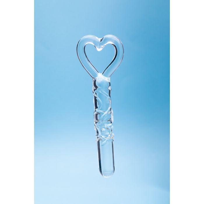 Glass dildo with a heart-shaped top and twisted handle.