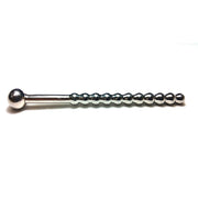 Hollow beaded stainless steel urethral sound with a stopper.