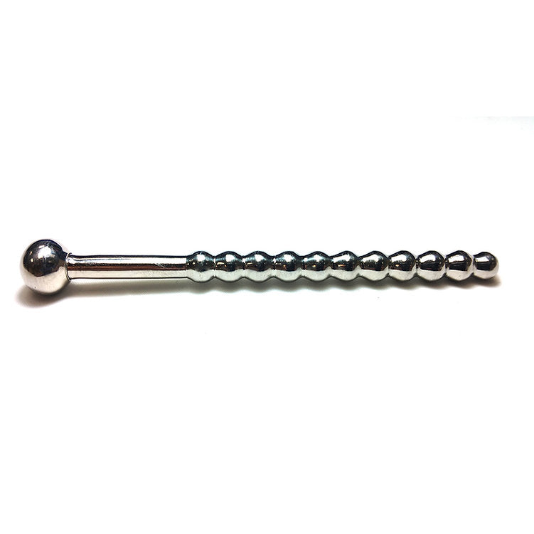 Hollow beaded stainless steel urethral sound with a stopper.