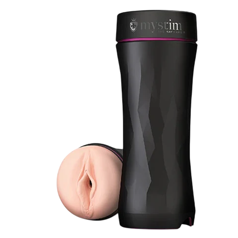 Black Mystim Opus E masturbator sleeve with realistic texture.