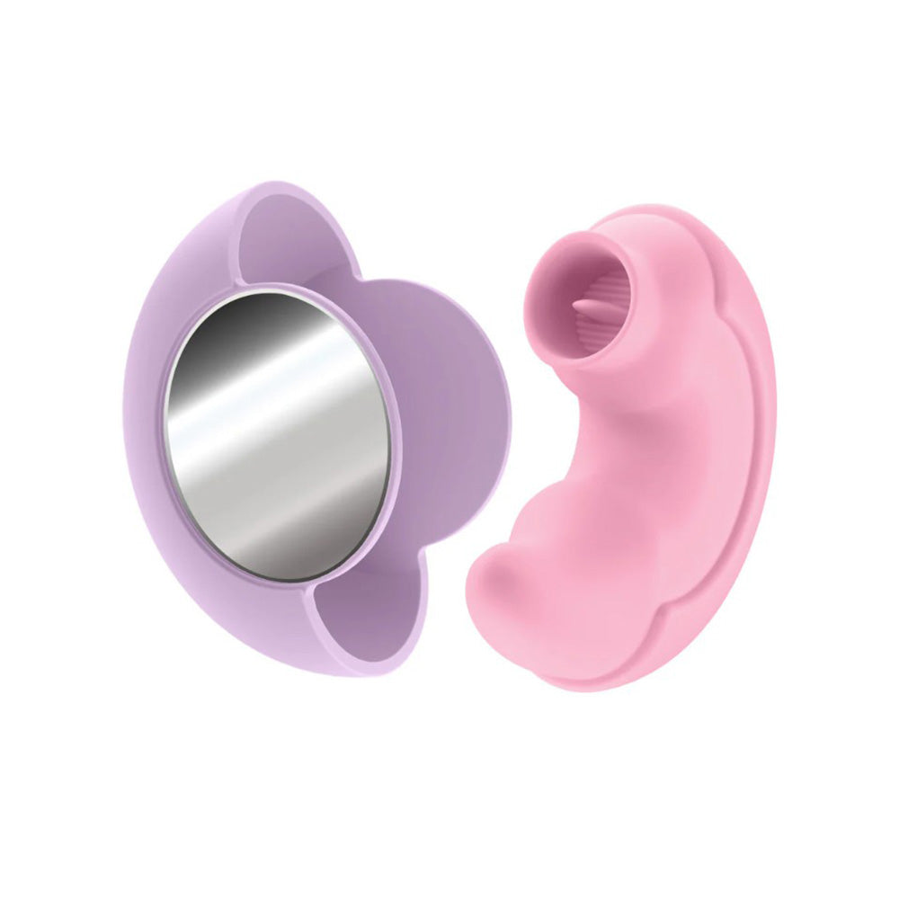 A pink dual-ended vibrator with a purple holder containing a mirror.