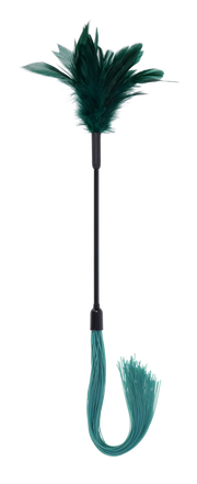 Dual-ended tickler with green feathers on one end and teal silicone strands on the other.