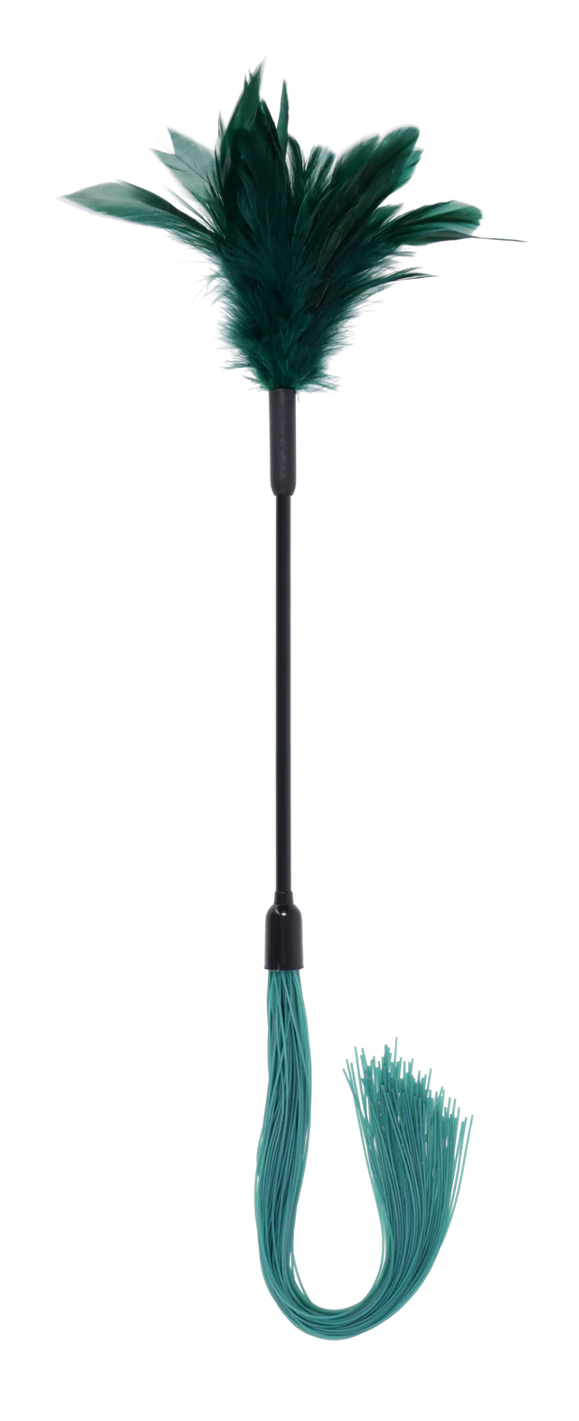 Dual-ended tickler with green feathers on one end and teal silicone strands on the other.