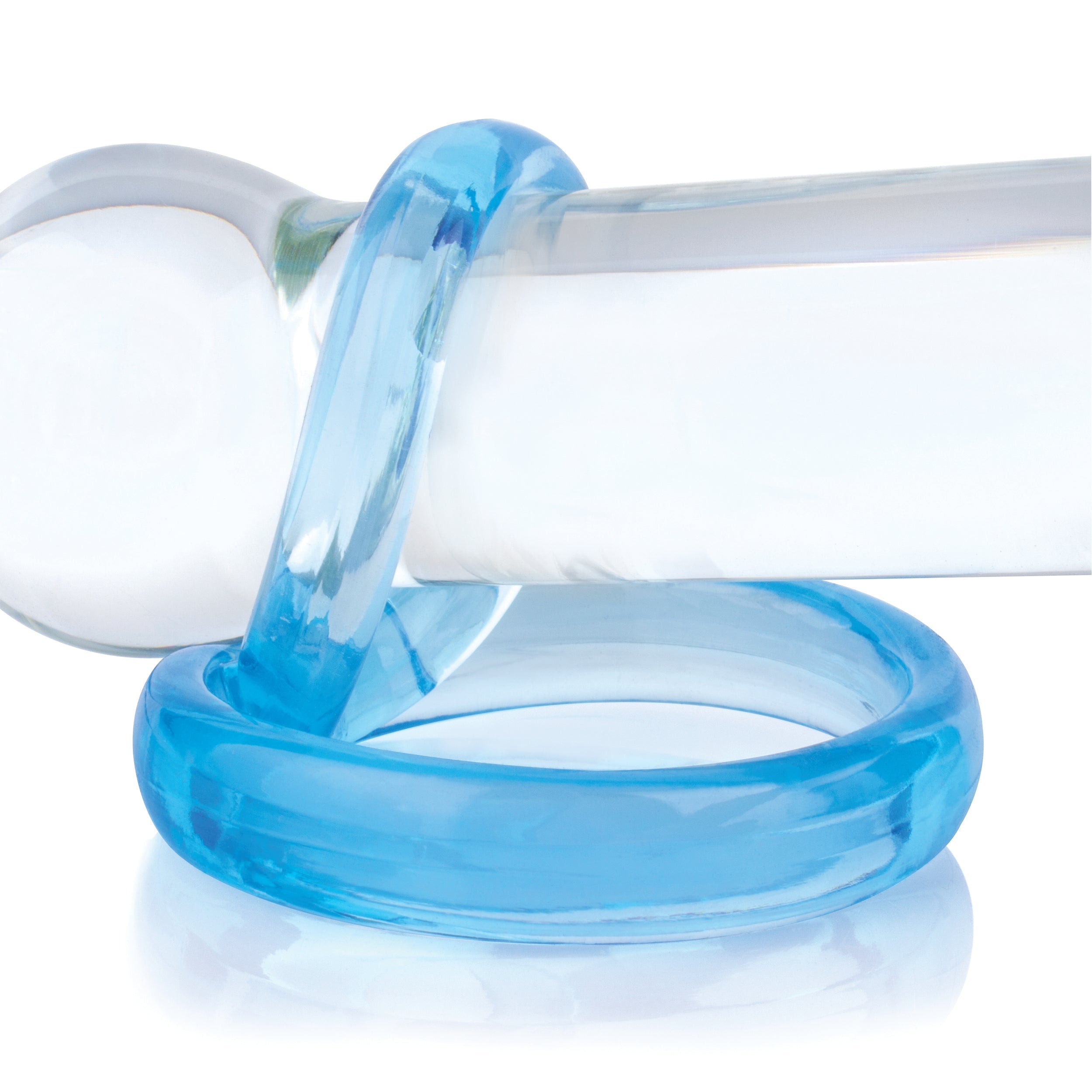 Blue glass cock ring with testicle support.
