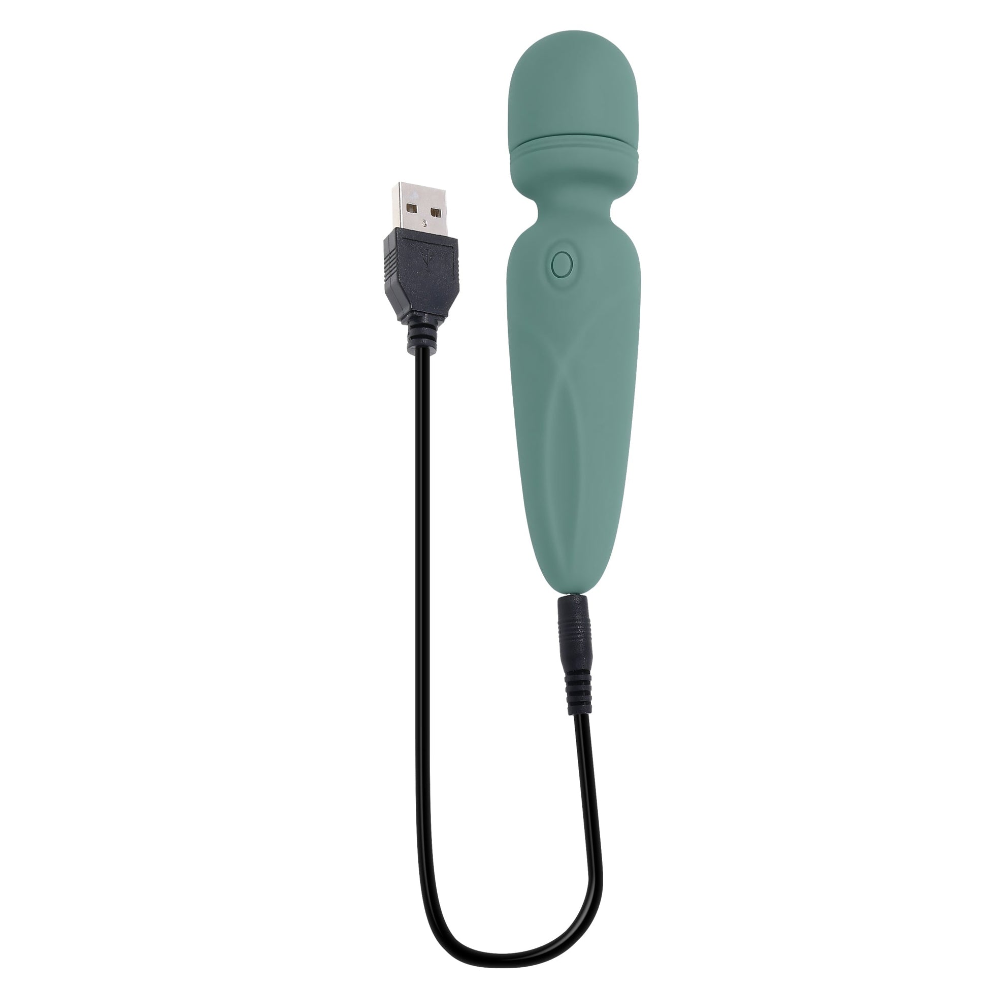A teal rechargeable vibrator with a USB charging cable.