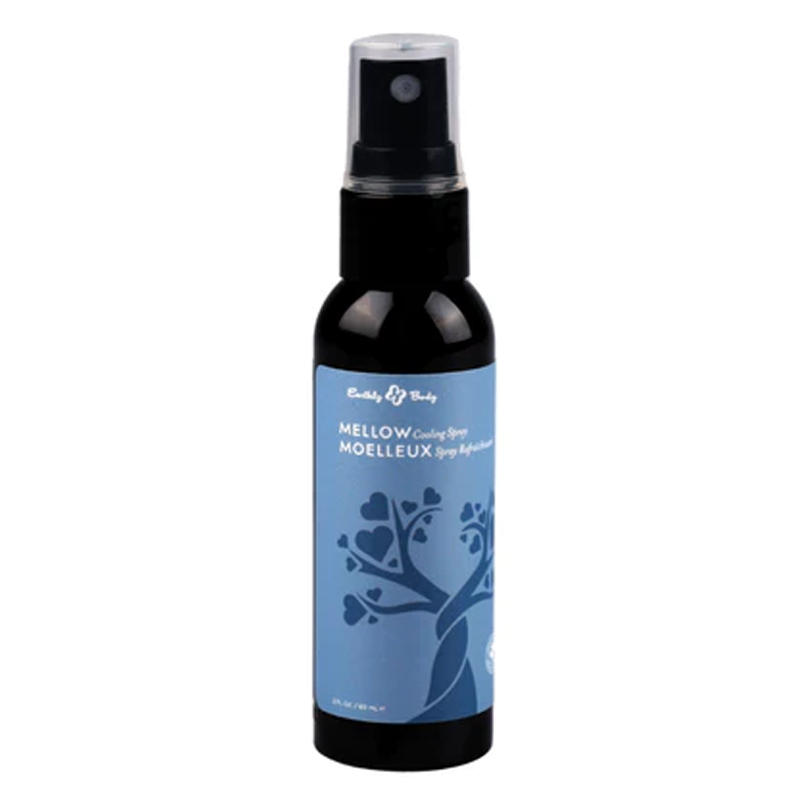Earthly Body Night Mellow Cooling Spray with a blue label and tree design.