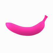 Pink banana-shaped silicone vibrator with curved design.
