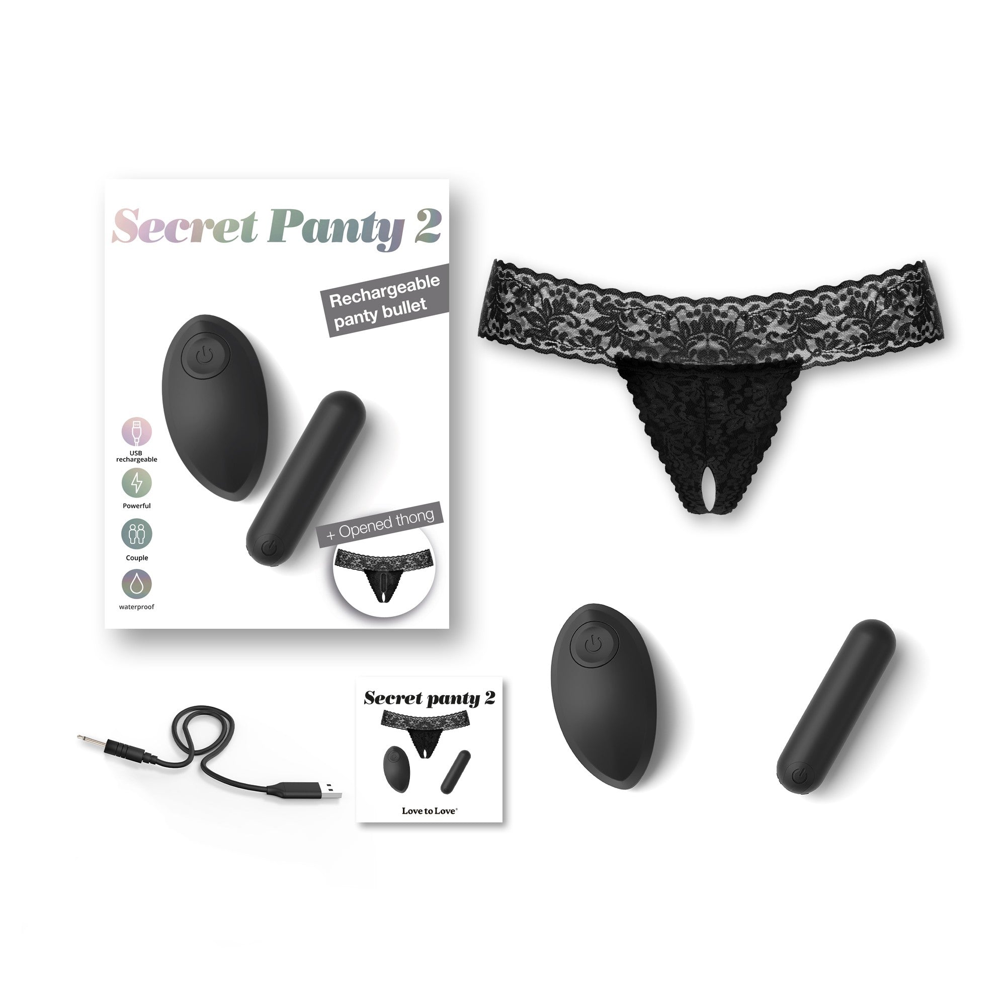 Black lace thong with a remote-controlled bullet vibrator.