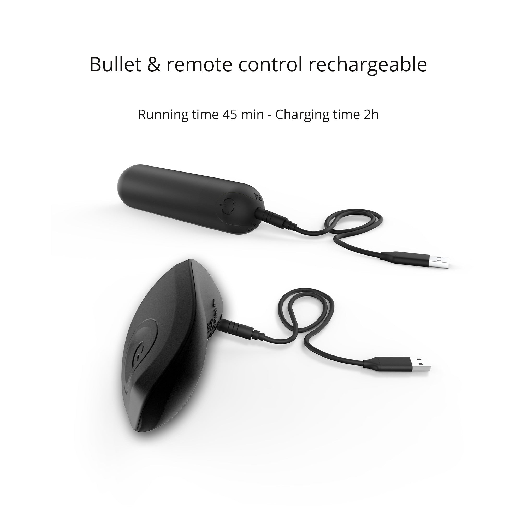 Black bullet vibrator and remote control with charging cables.