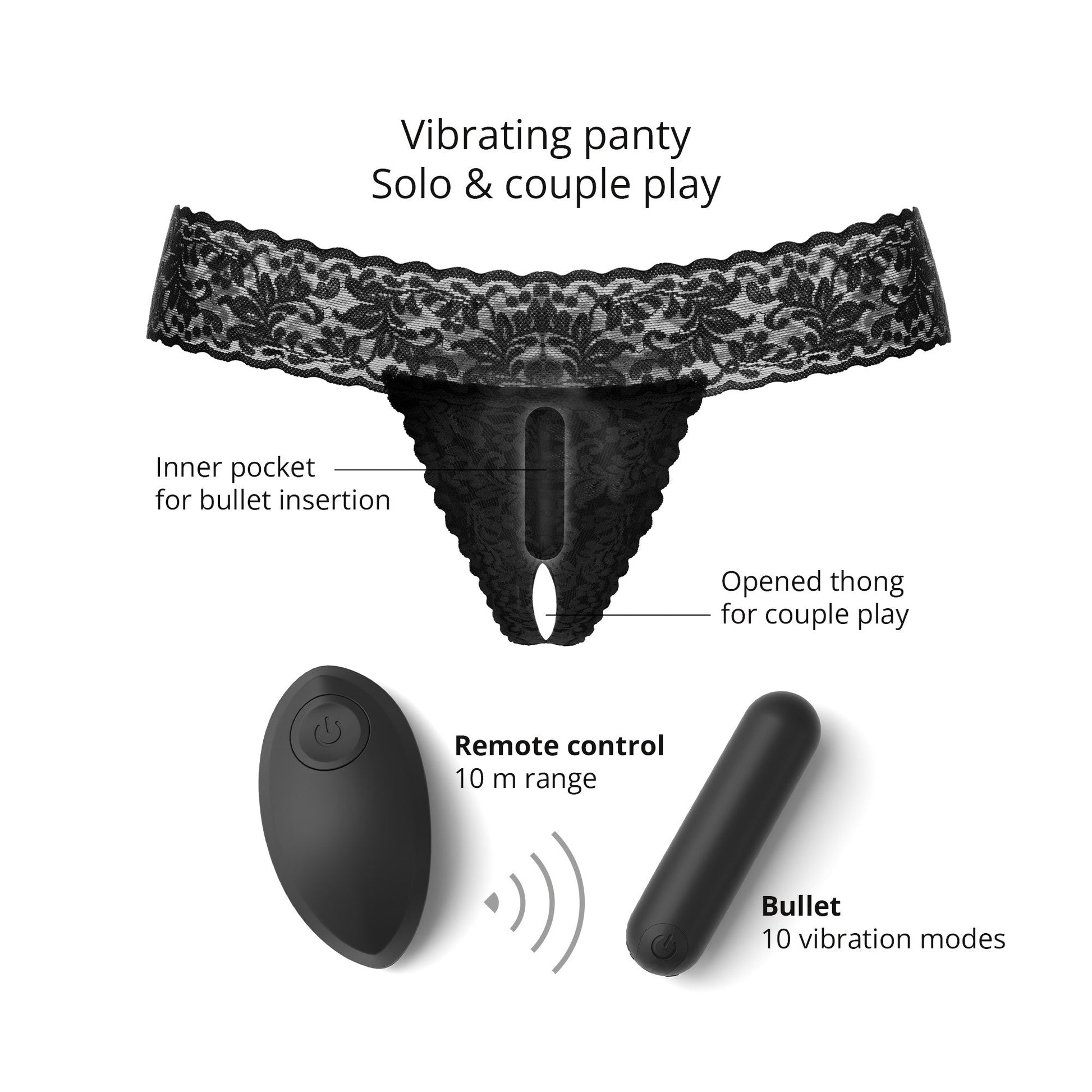 Black lace thong with a removable bullet vibrator and remote control.