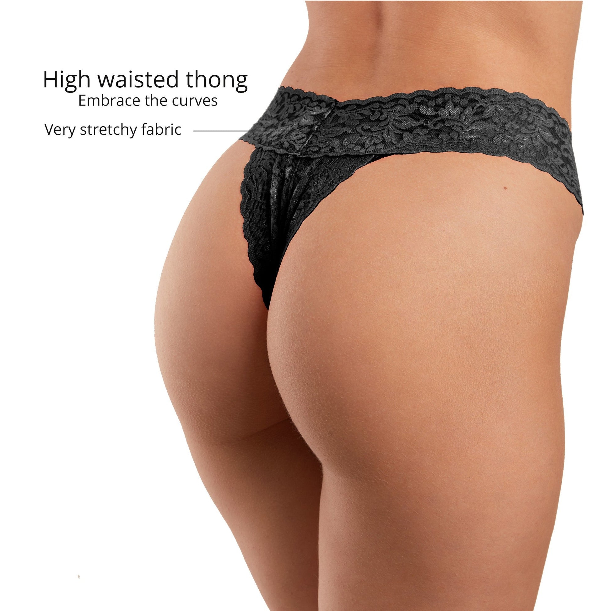 Black lace high-waisted thong with a discreet vibrator.