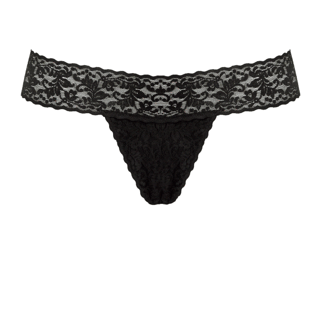 Black lace thong with integrated remote-controlled vibrator.