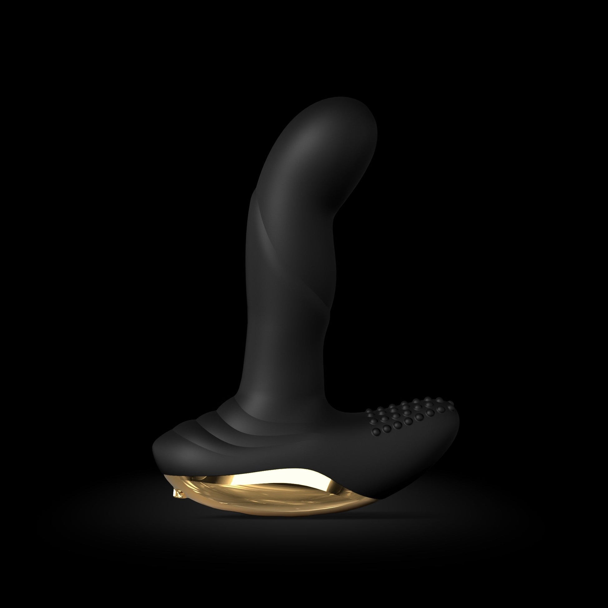 Black vibrator with gold accents and textured surface.