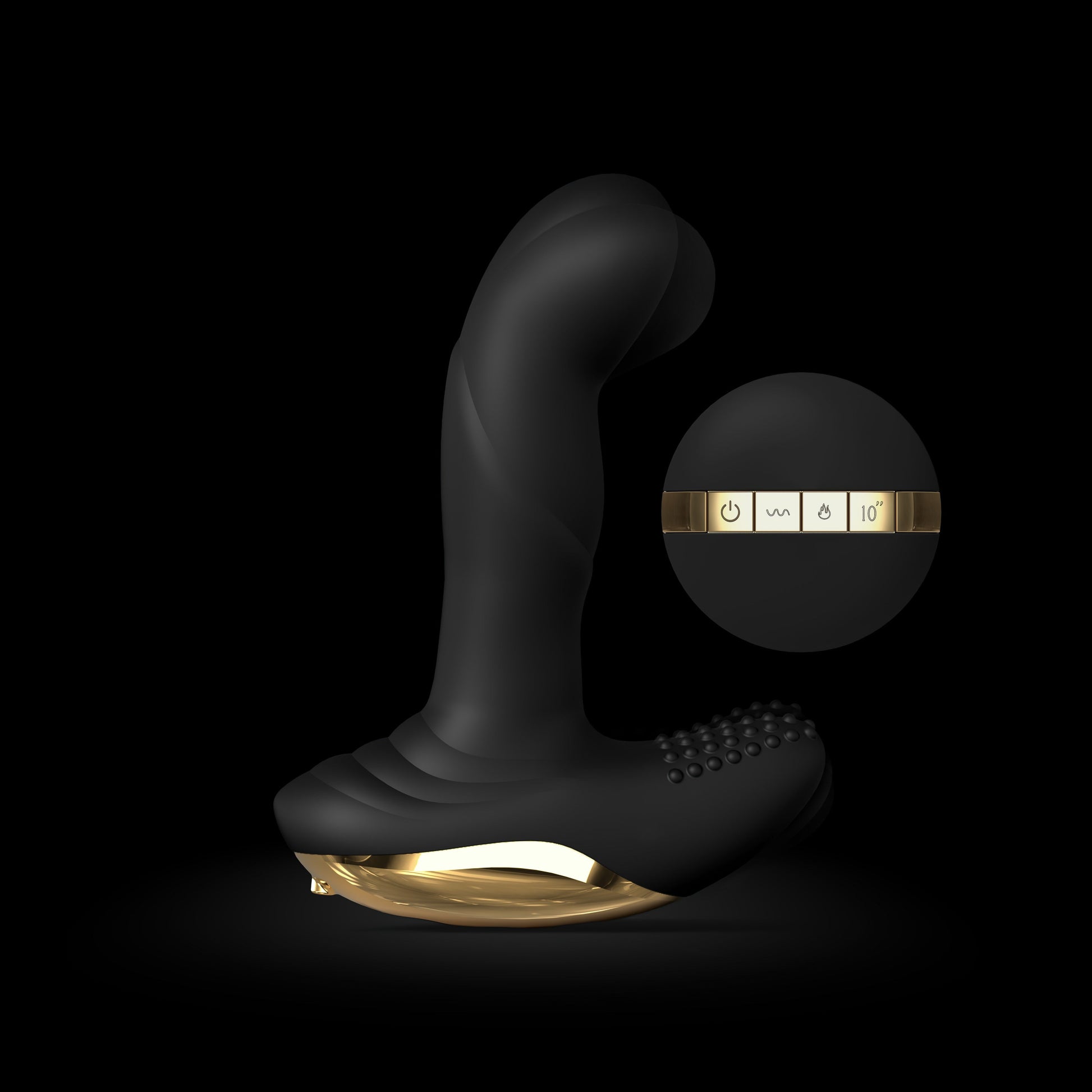 Black prostate and vaginal vibrator with gold accents and a remote control.