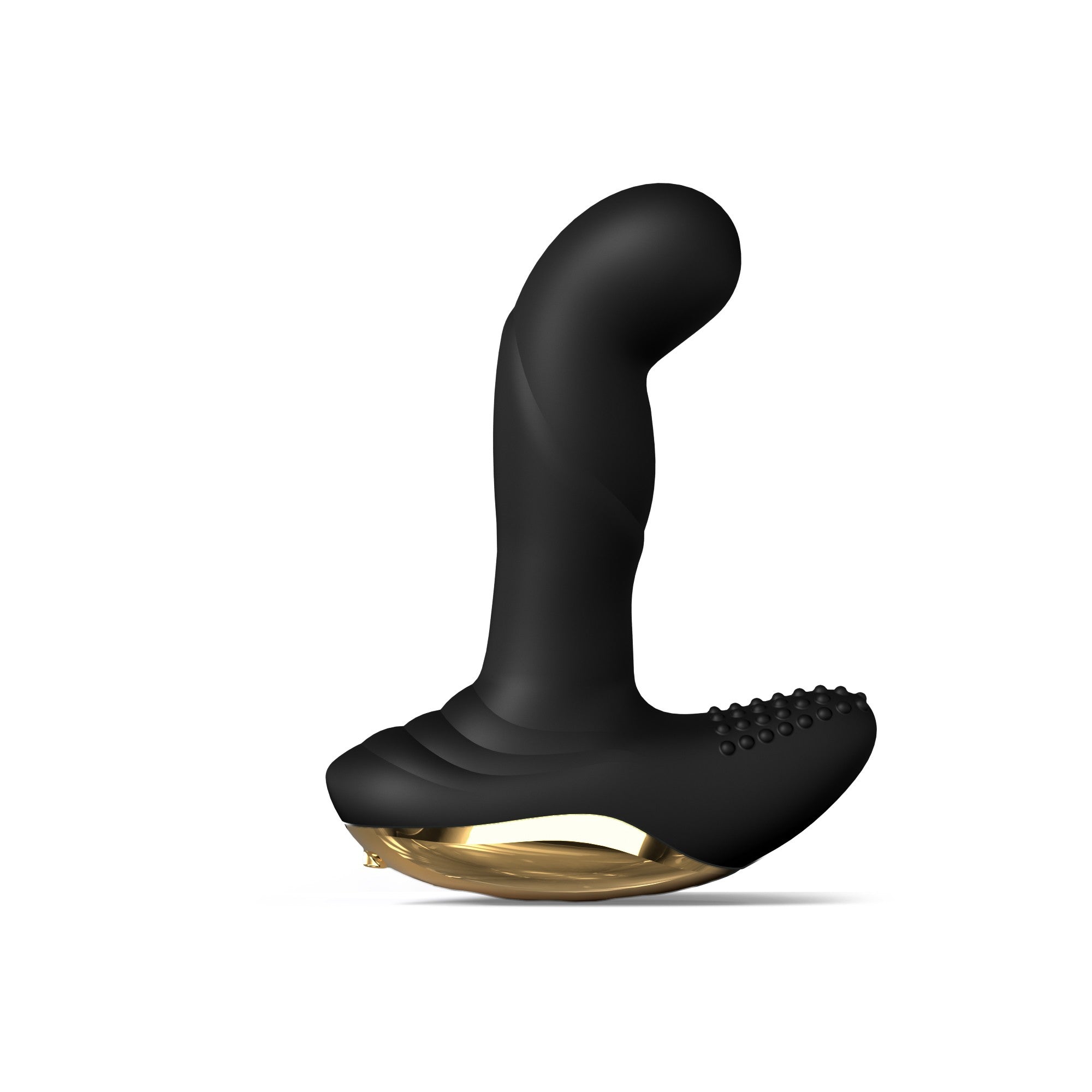 Black prostate and vaginal vibrator with gold accents.