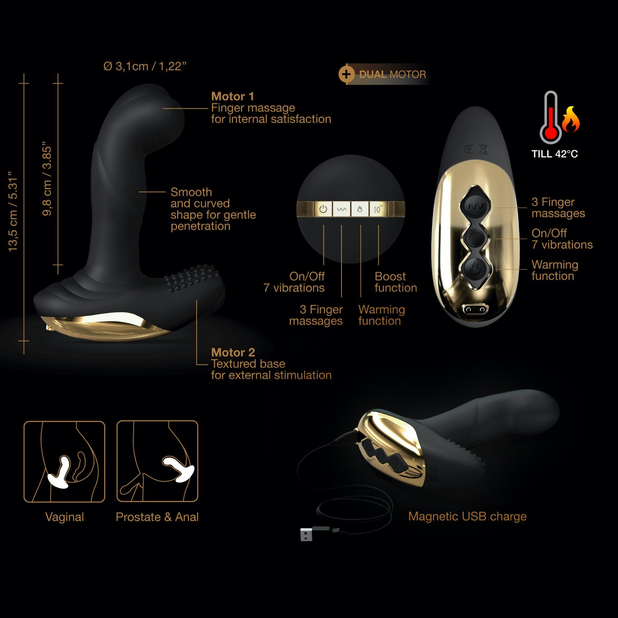 Black and gold dual motor vibrator with remote control and warming function.