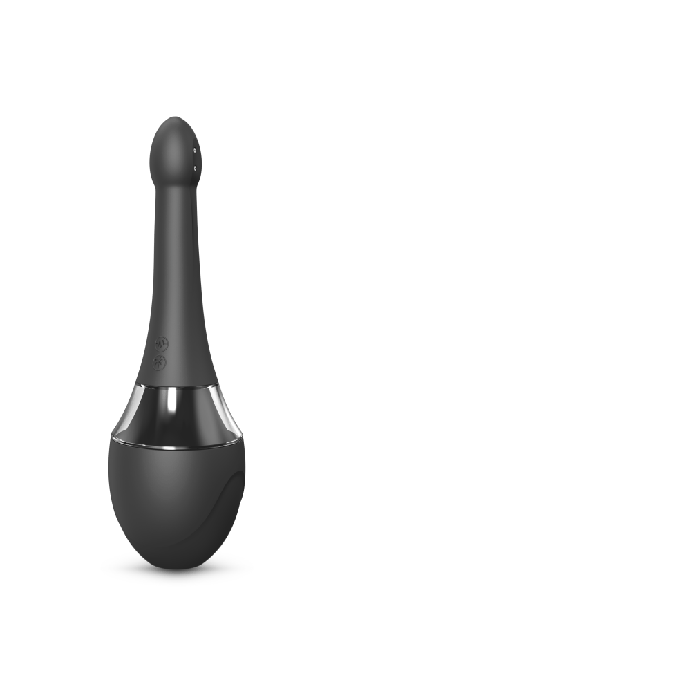 Black silicone automatic anal douche and vibrator with ergonomic curved design.