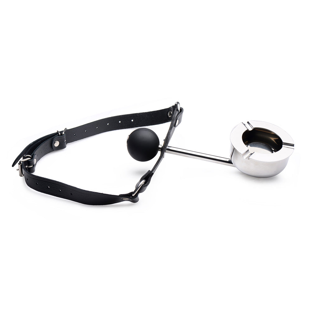 Leather ball gag with a detachable stainless steel ashtray.