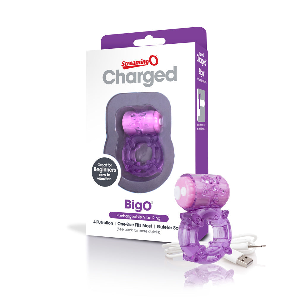 Purple rechargeable vibrating cock ring with USB charging cable.