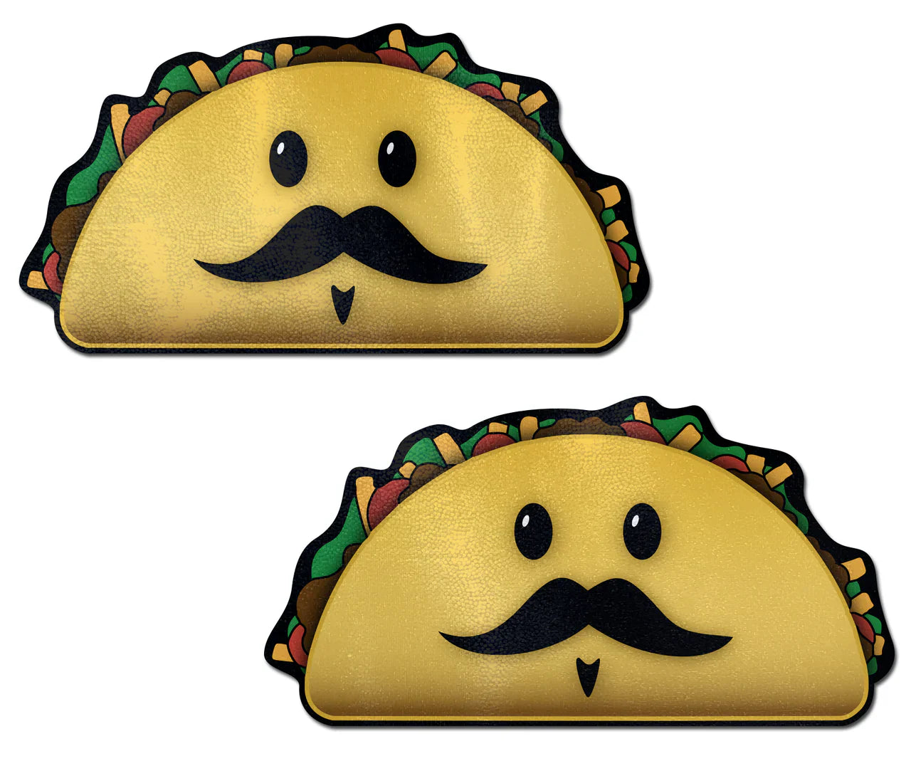 Two kawaii taco nipple pasties with mustaches.
