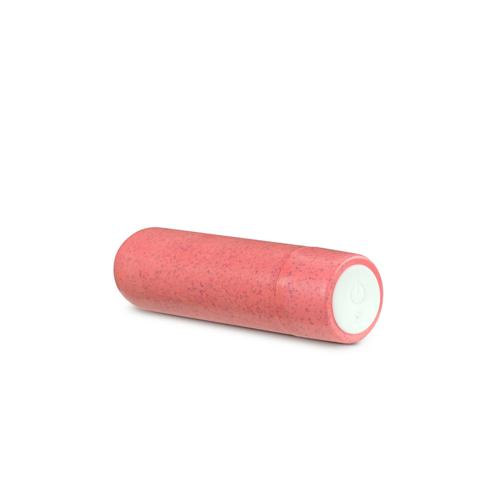 Coral eco-friendly bullet vibrator with a power button.