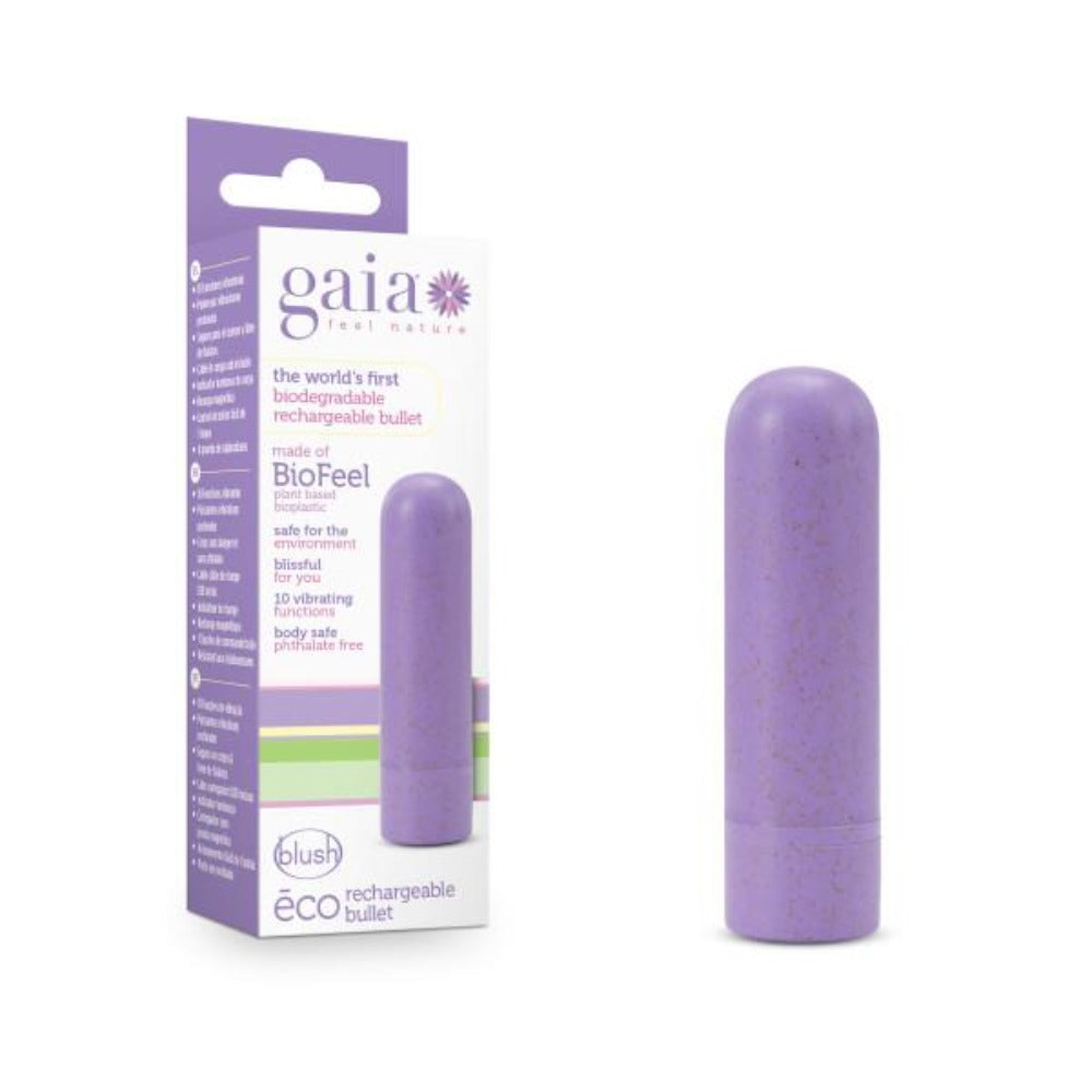 A lilac Gaia Eco Rechargeable Bullet vibrator made of BioFeel bioplastic.
